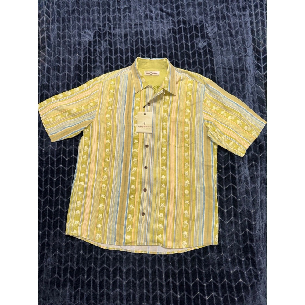 TOMMY BAHAMA Mens Silk Shirt Short Sleeve Yellow Pineapple Size Large NWT